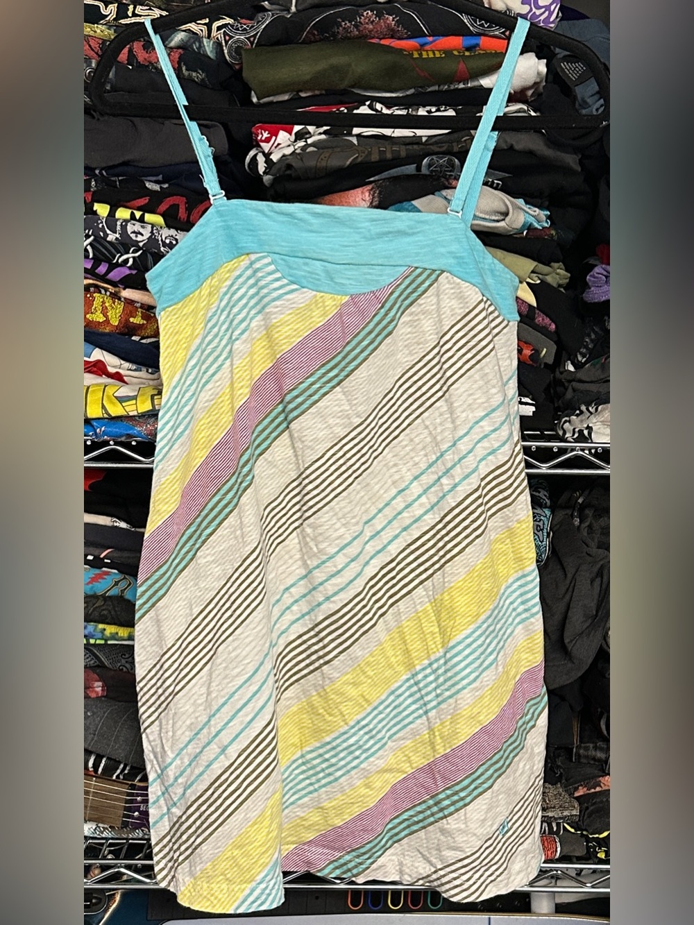 Y2K VOLCOM women's white colourful striped long flowy pocket tank, M.